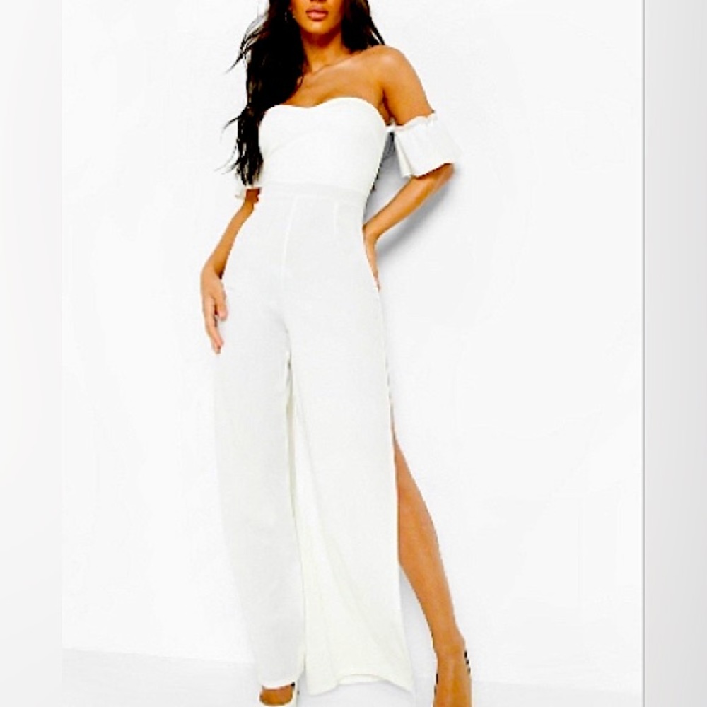 White off-the-shoulder, Slit Legged Jumpsuit
